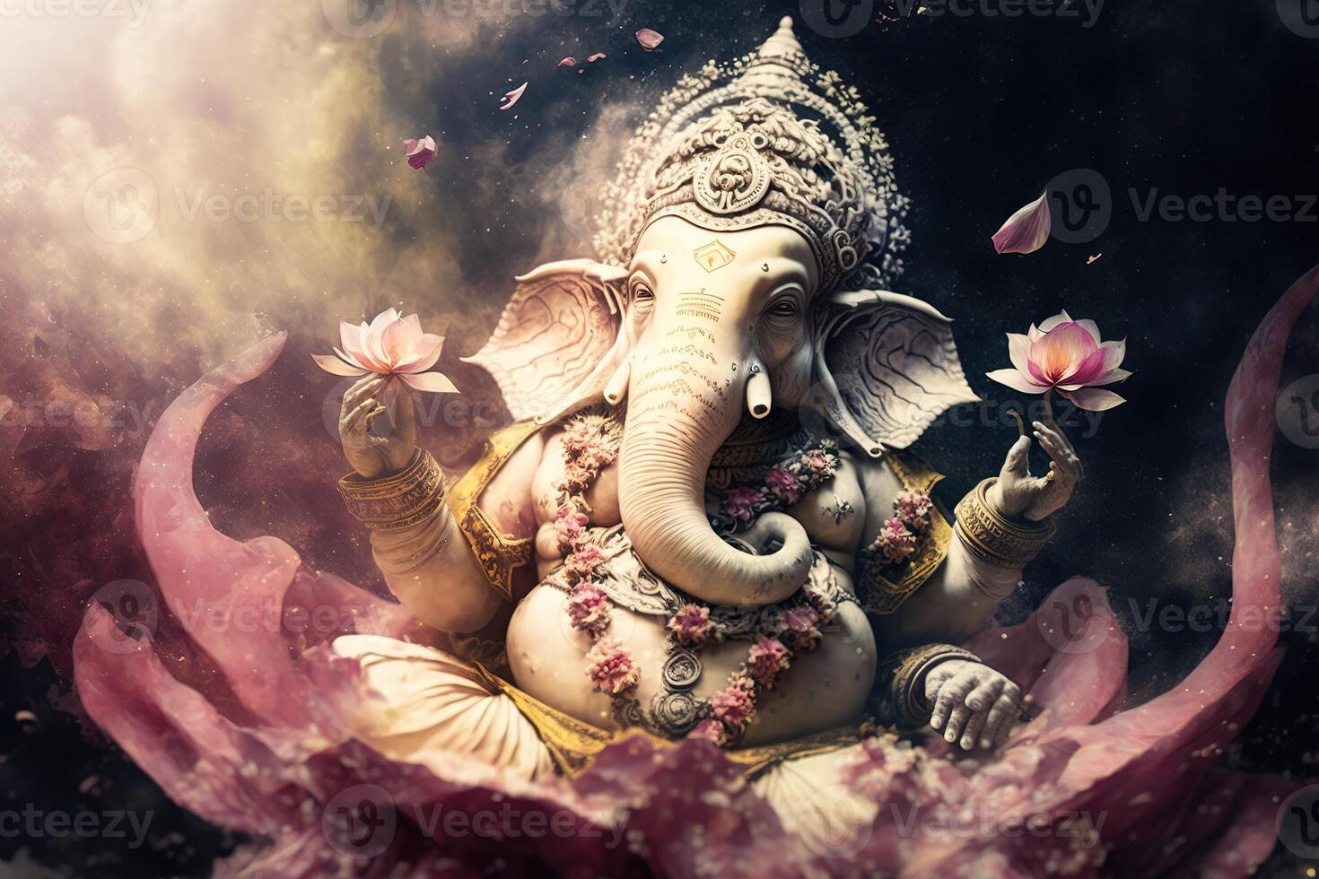 illustration of Ganesha Hindu God , with flowers, oil painting taken up into heaven, sitting in front of bokeh mandala background photo