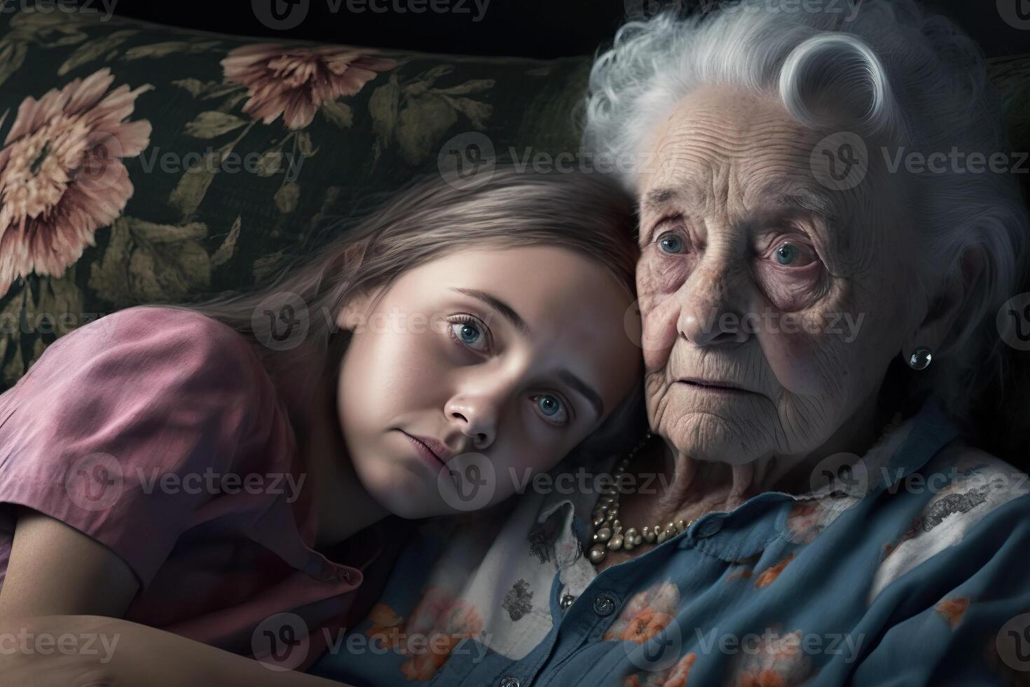 generativo ai ilustración de americano genial abuela consolando adolescente chica, sofá, tendido en regazo foto