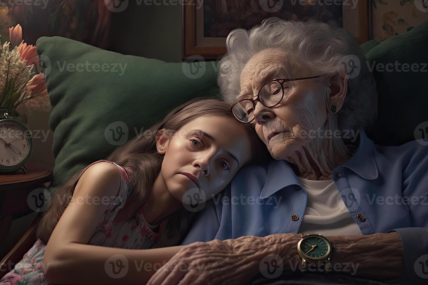 illustration of American great grandmother consoling teen girl, sofa, laying in lap photo