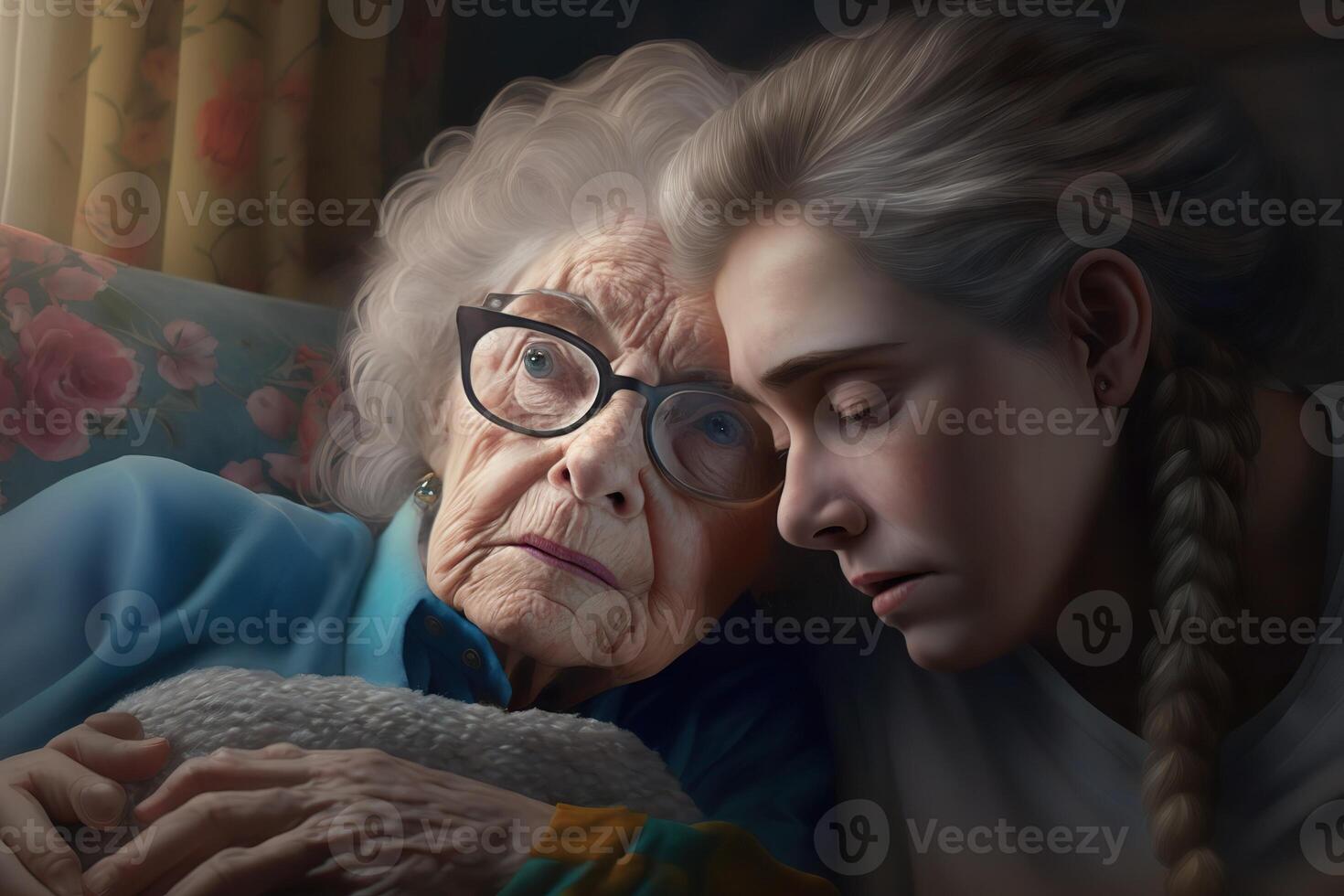 generativo ai ilustración de americano genial abuela consolando adolescente chica, sofá, tendido en regazo foto