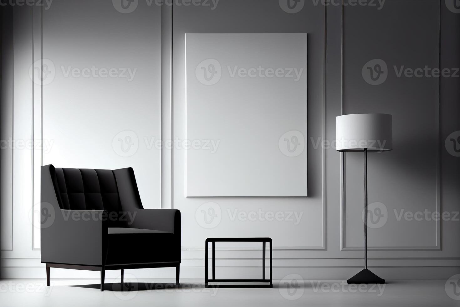 illustration of armchair, coffee table, wood panel, floor lamp, and blank wall in modern minimalist room. Mock up for an illustration. photo