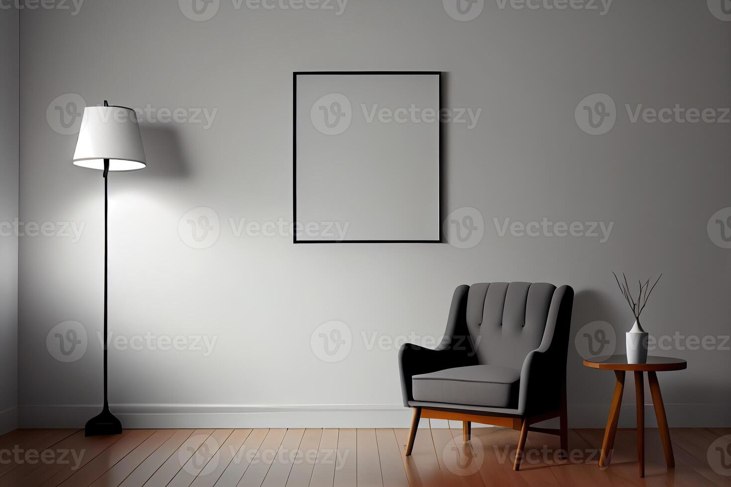 illustration of armchair, coffee table, wood panel, floor lamp, and blank wall in modern minimalist room. Mock up for an illustration. photo