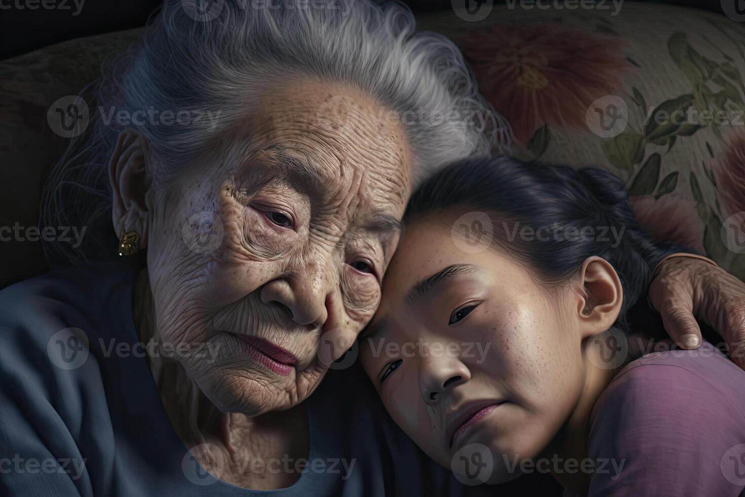illustration of Asian great grandmother consoling teen girl, sofa, laying in lap photo