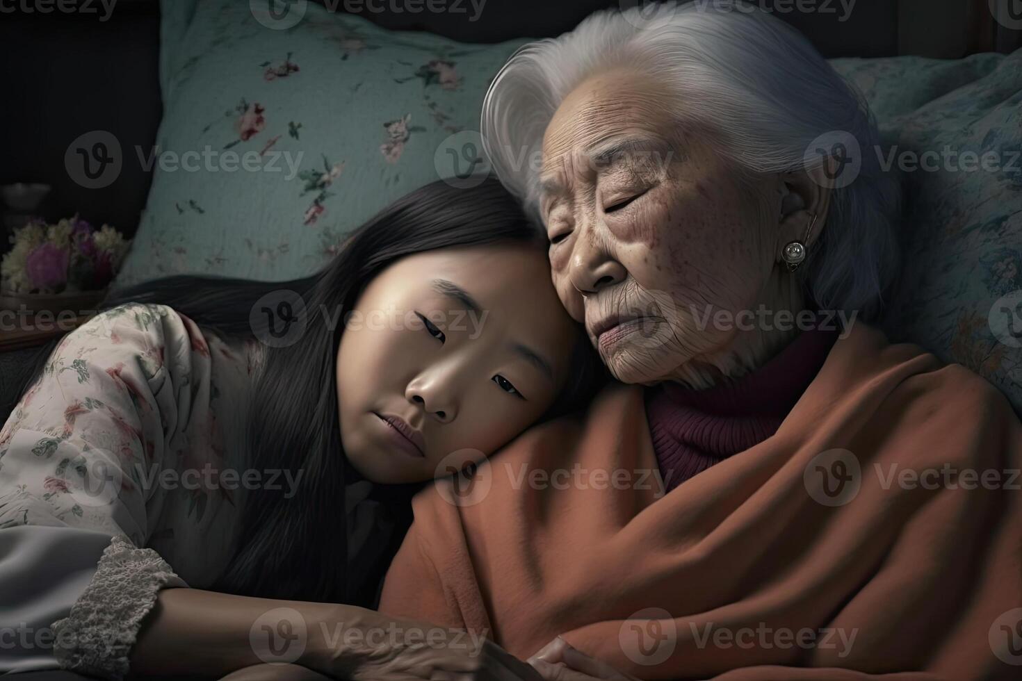 generativo ai ilustración de asiático genial abuela consolando adolescente chica, sofá, tendido en regazo foto