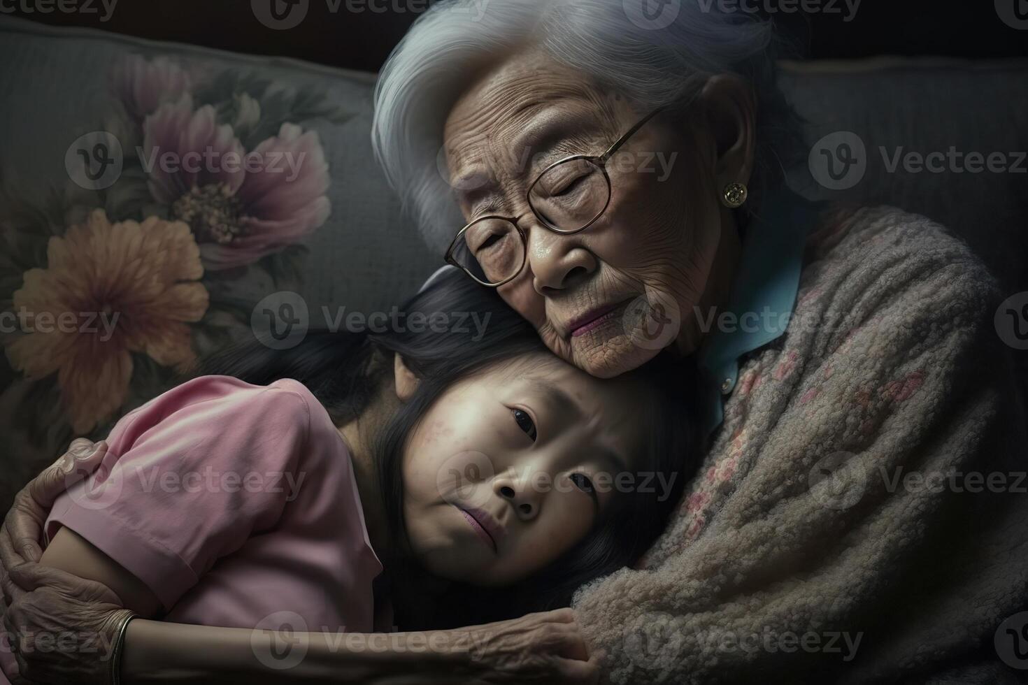 generativo ai ilustración de asiático genial abuela consolando adolescente chica, sofá, tendido en regazo foto