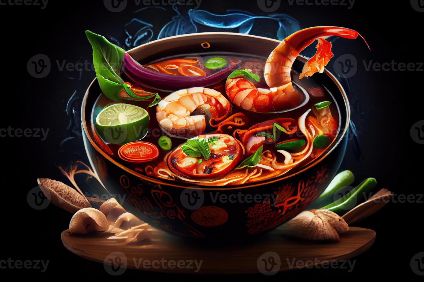 illustration of appetizing bowl of Tom Yum soup, spicy Thai soup with shrimp, seafood, coconut milk and chili pepper in bowl copy space photo