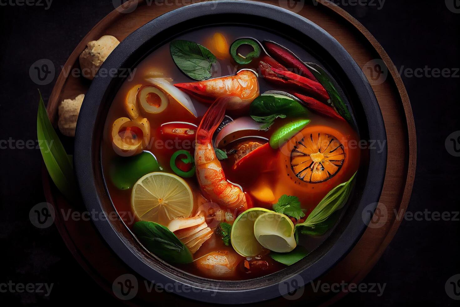 illustration of appetizing bowl of Tom Yum soup, spicy Thai soup with shrimp, seafood, coconut milk and chili pepper in bowl copy space photo