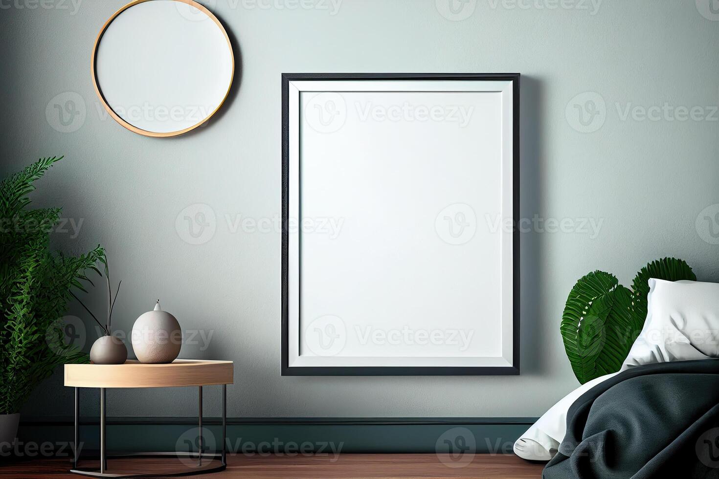 illustration of vertical blank picture frame mockup, frame on the wall, nature decoration, mid century living room. Mock up for an illustration. photo