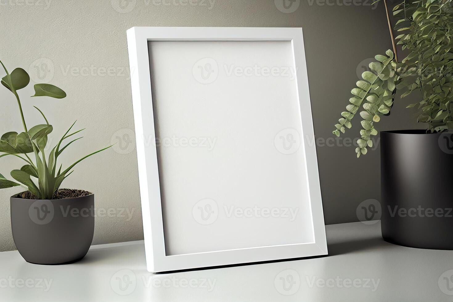 illustration of vertical blank picture frame mockup, frame on the wall, nature decoration, mid century living room. Mock up for an illustration. photo