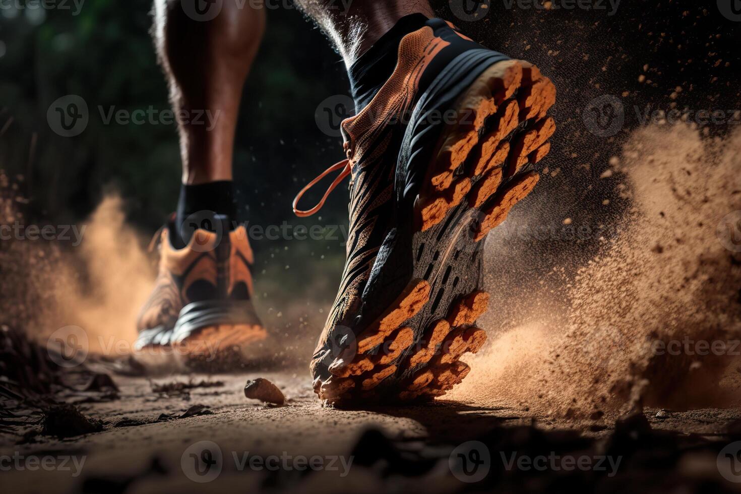 illustration of close-up at the runner feet is running on the dirt route at the jungle, street and road. Trail running sport action and human challenge concept photo