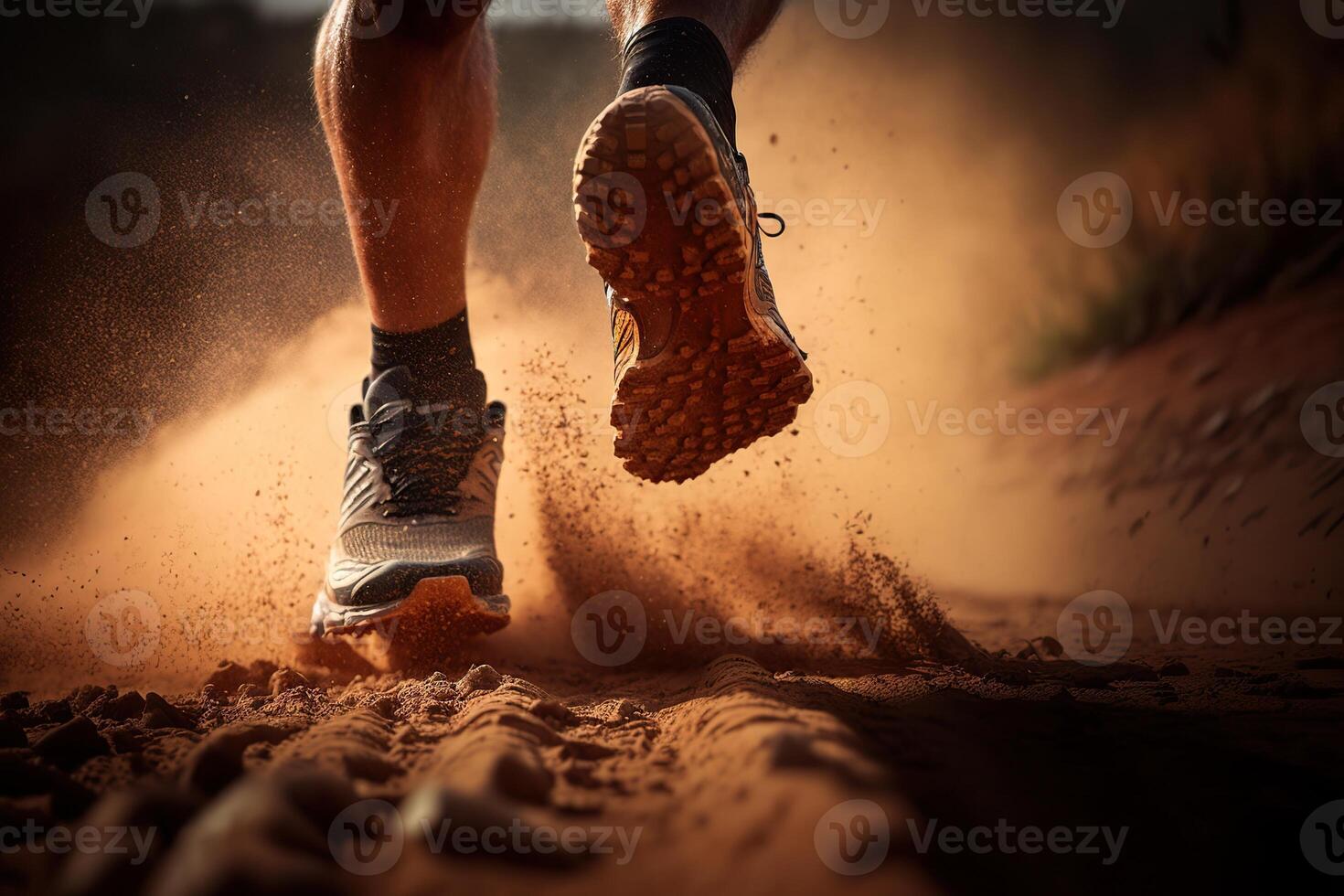 illustration of close-up at the runner feet is running on the dirt route at the jungle, street and road. Trail running sport action and human challenge concept photo