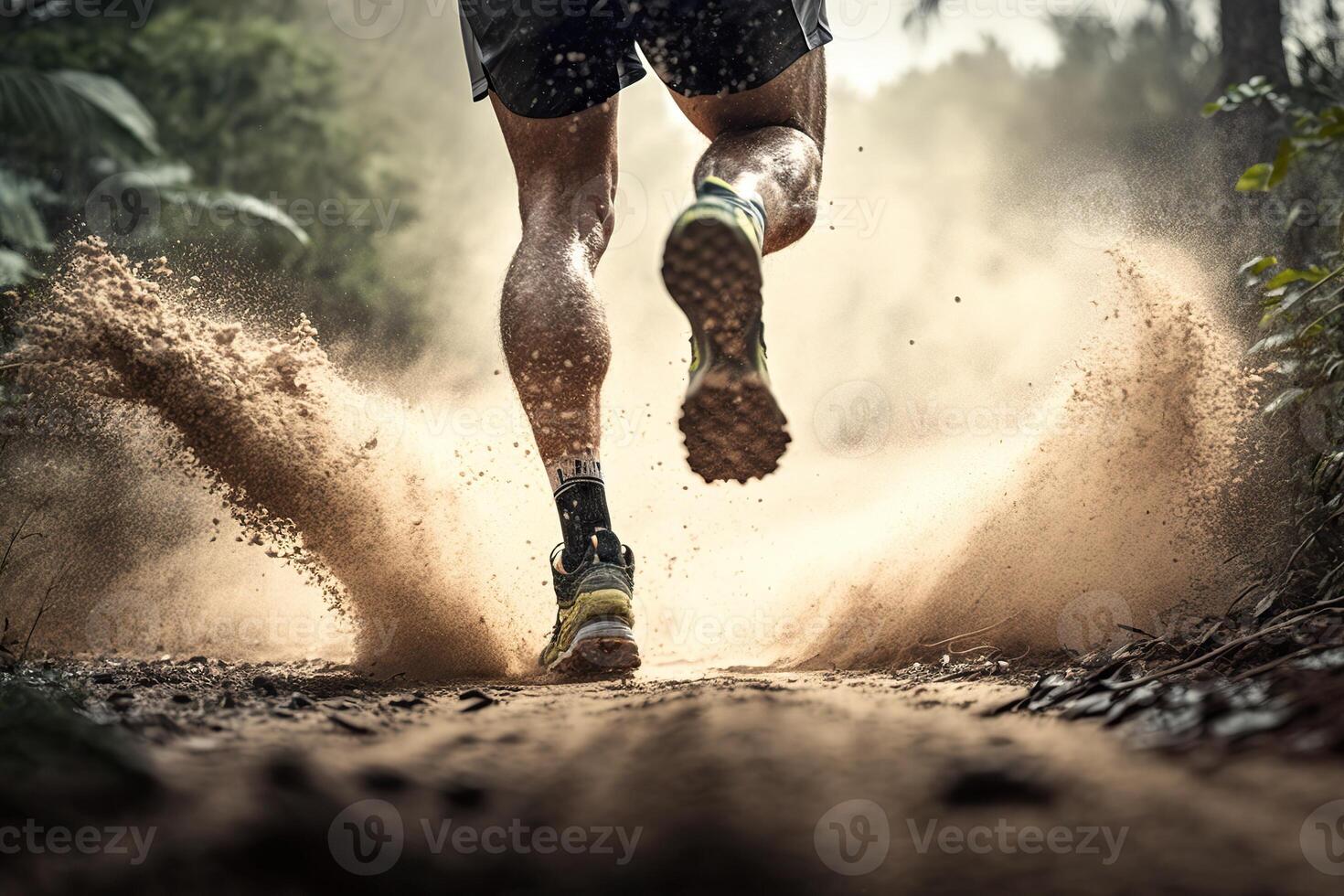 illustration of close-up at the runner feet is running on the dirt route at the jungle, street and road. Trail running sport action and human challenge concept photo