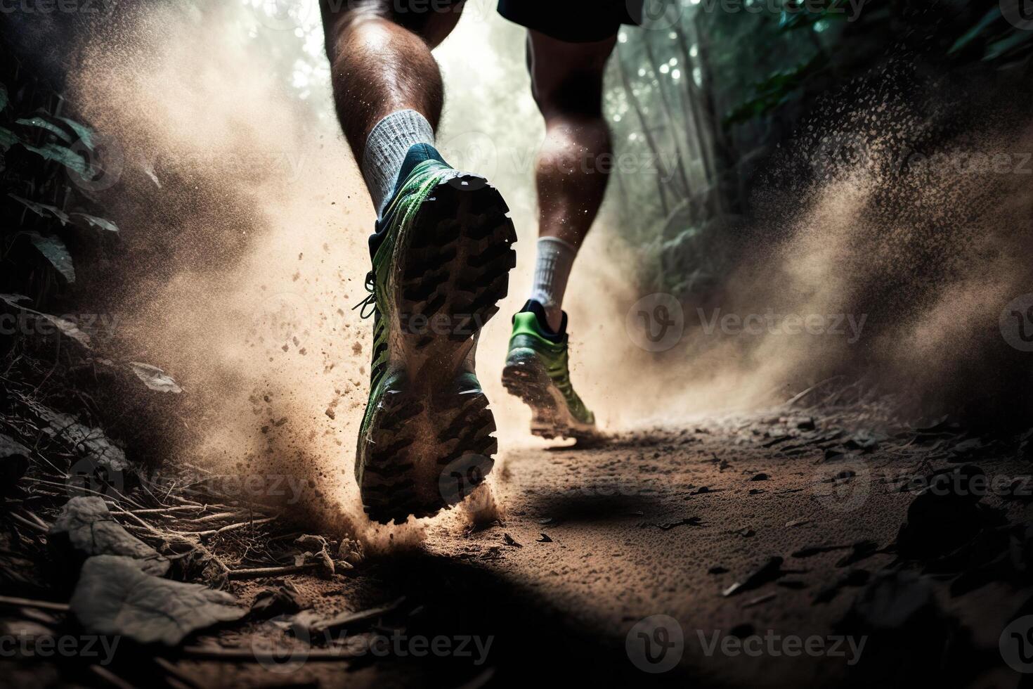 illustration of close-up at the runner feet is running on the dirt route at the jungle, street and road. Trail running sport action and human challenge concept photo