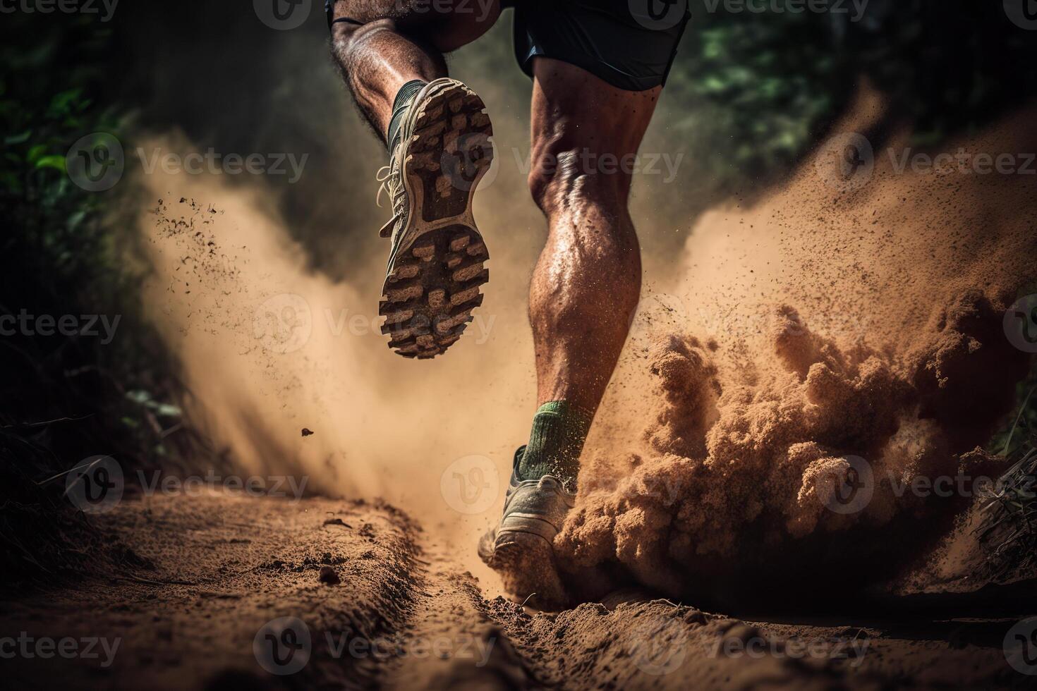 illustration of close-up at the runner feet is running on the dirt route at the jungle, street and road. Trail running sport action and human challenge concept photo