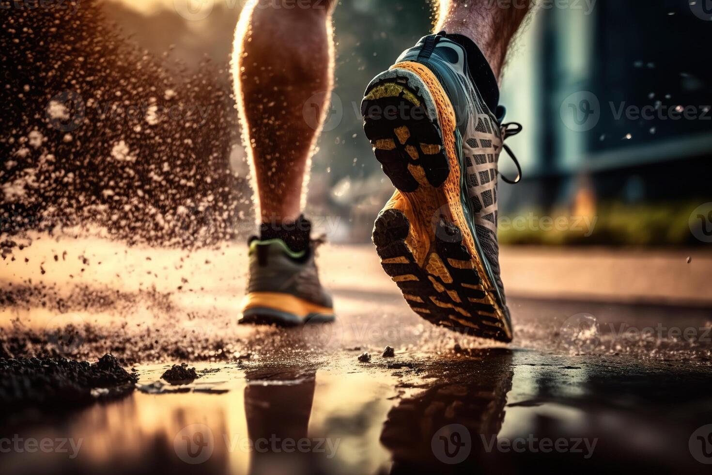 generativo ai ilustración de de cerca a el corredor pies es corriendo en el suciedad ruta a el selva, calle y la carretera. sendero corriendo deporte acción y humano desafío concepto foto