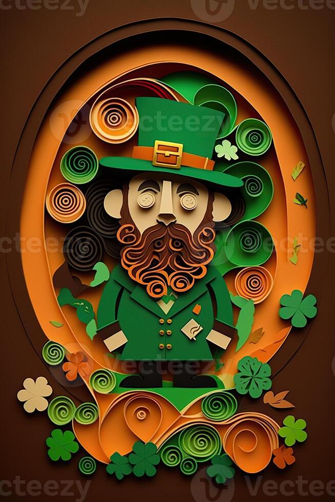 illustration of whimsical Irish cartoon, sharock, beer, green, pot of gold, happy st patrick Day, quilling paper cut art photo