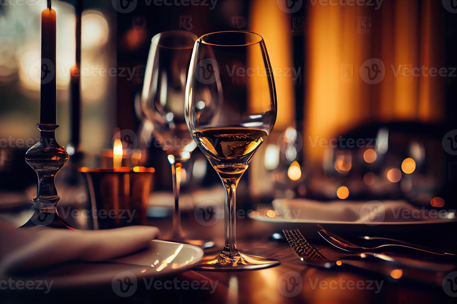 illustration of a restaurant table with a glass of white wine, soft golden light, expensive restaurant with beautiful lights in the background photo