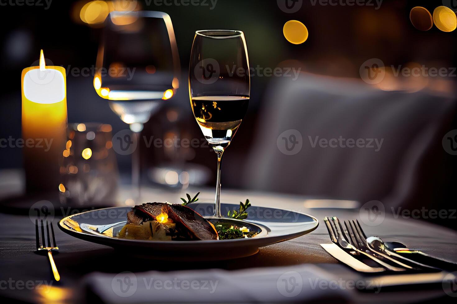 generativo ai ilustración de un restaurante mesa con un vaso de blanco vino, suave dorado luz, costoso restaurante con hermosa luces, al aire libre y noche foto