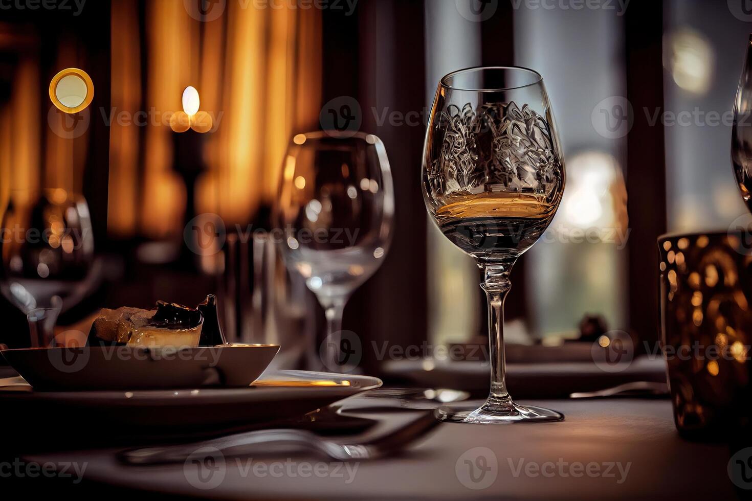 illustration of a restaurant table with a glass of white wine, soft golden light, expensive restaurant with beautiful lights in the background photo