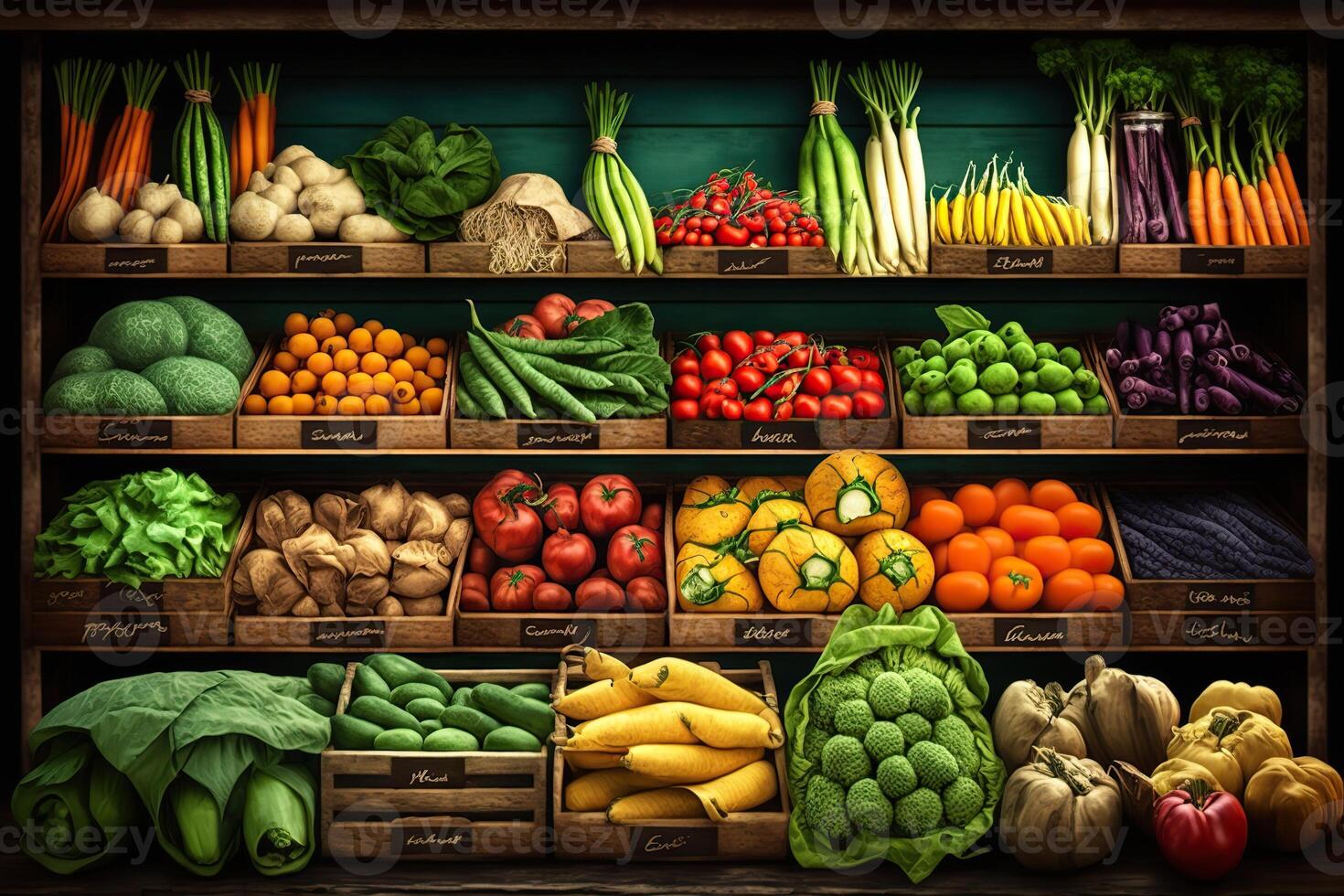 generativo ai ilustración de vegetal granjero mercado mostrador vistoso varios Fresco orgánico sano vegetales a tienda de comestibles almacenar. sano natural comida concepto foto