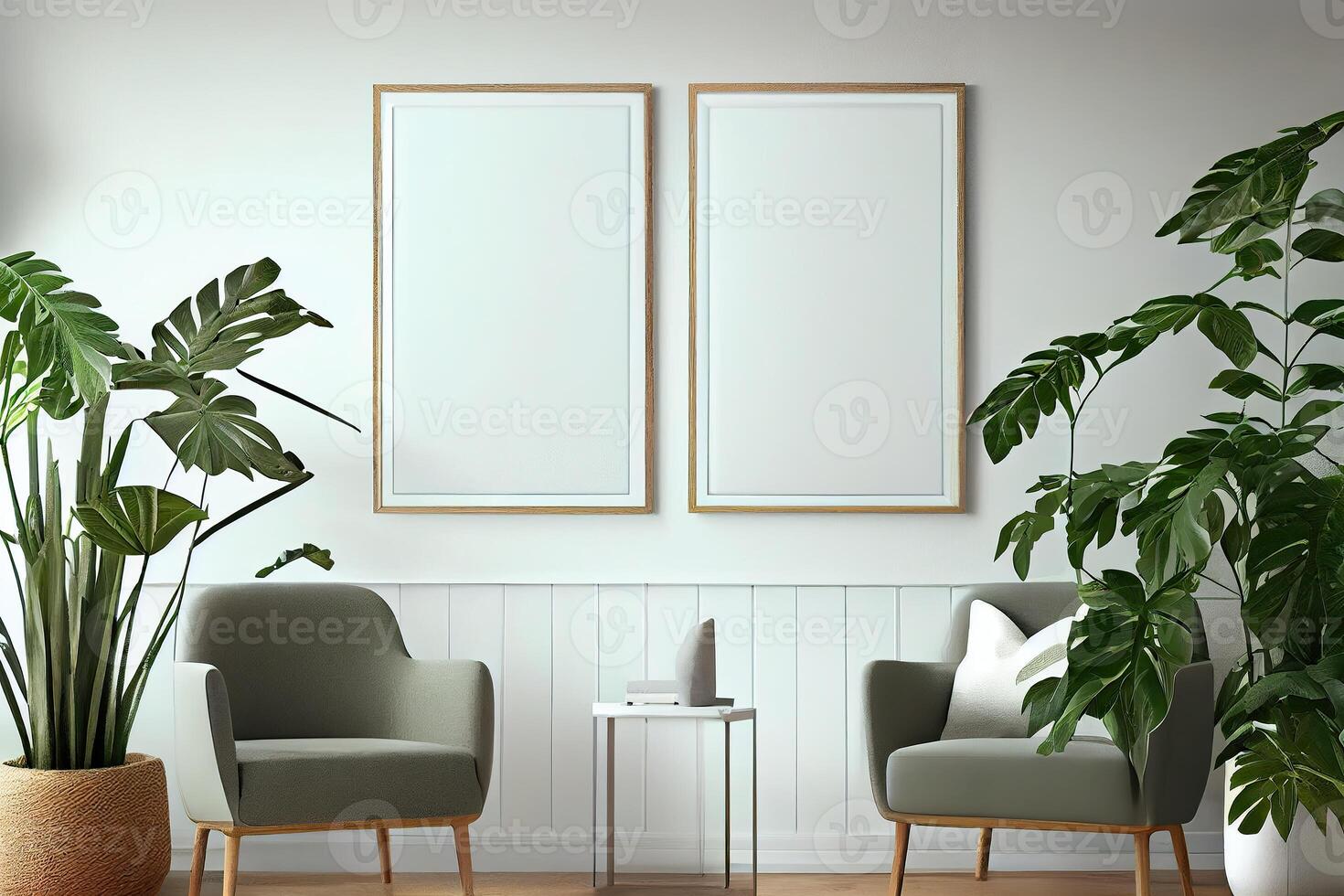 illustration of vertical blank picture frame mockup, frame on the wall, nature decoration, mid century living room. Mock up for an illustration. photo