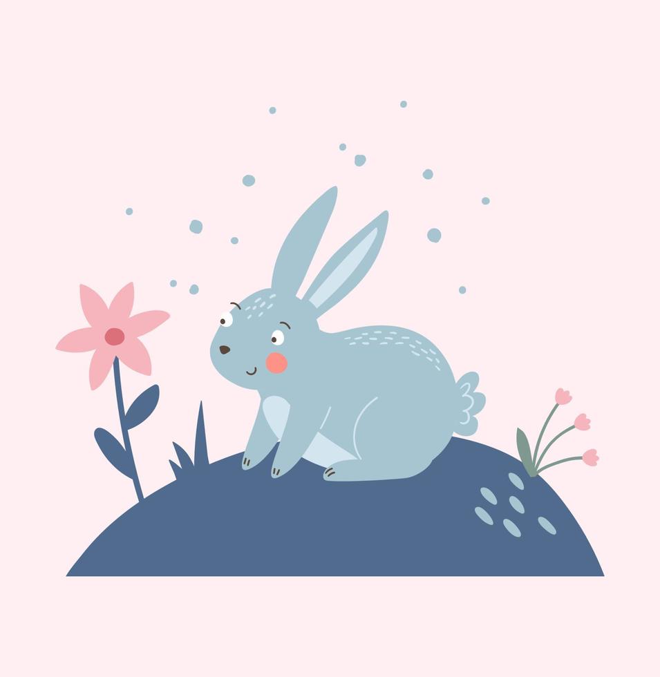 Composition with rabbit, leaves and floral elements. Cute bunny vector illustration. Kids poster