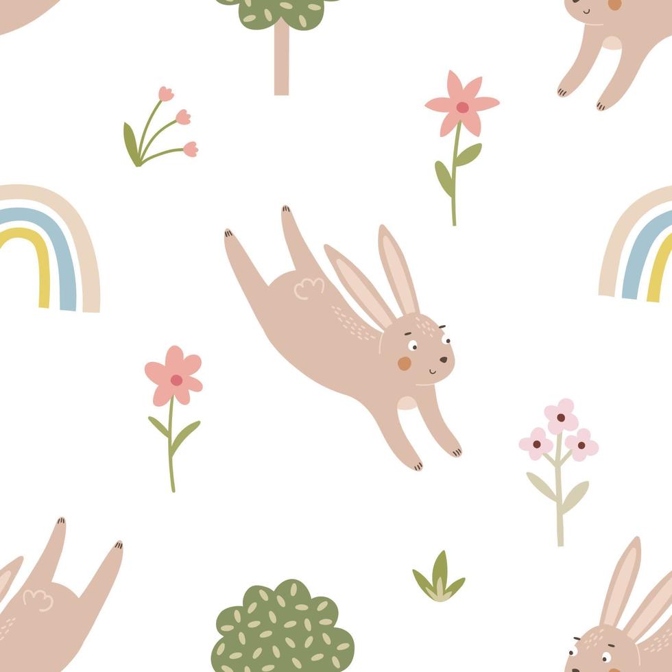 Easter cute bunny and flowers seamless pattern vector