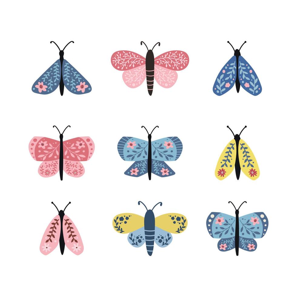 Set of beautiful butterfly. Folk style. Vector illustration