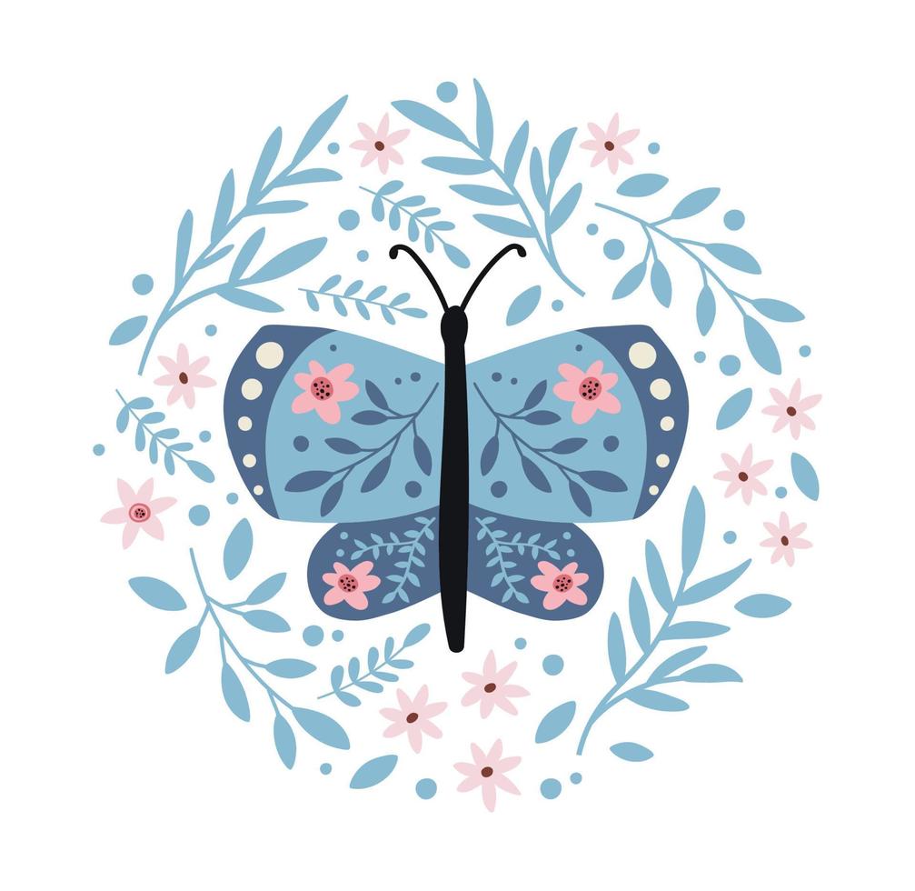 decorativo mariposa y flores en blanco fondo, vector mano dibujado composición con polilla y hojas