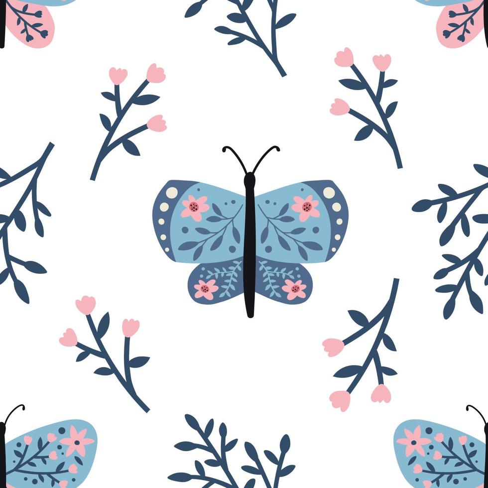 Spring seamless pattern with butterfly and flowers. Fabric design, textile vector