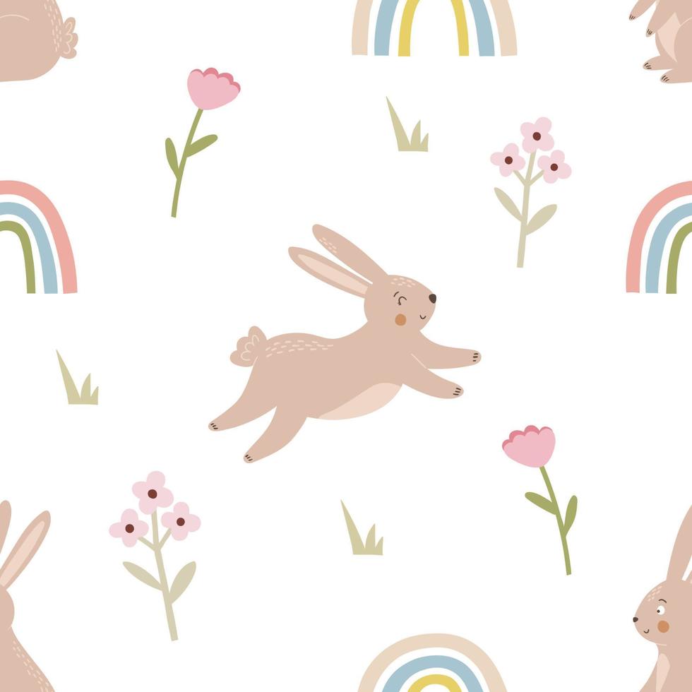 Easter cute bunny and flowers seamless pattern vector