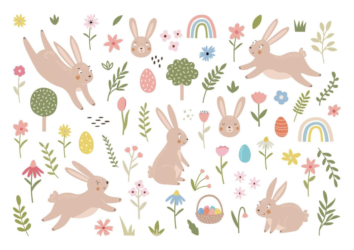 Spring set of cute rabbits, flowers and leafs. Hand drawn bunny collection on white background. Kids character illustration, animal print vector