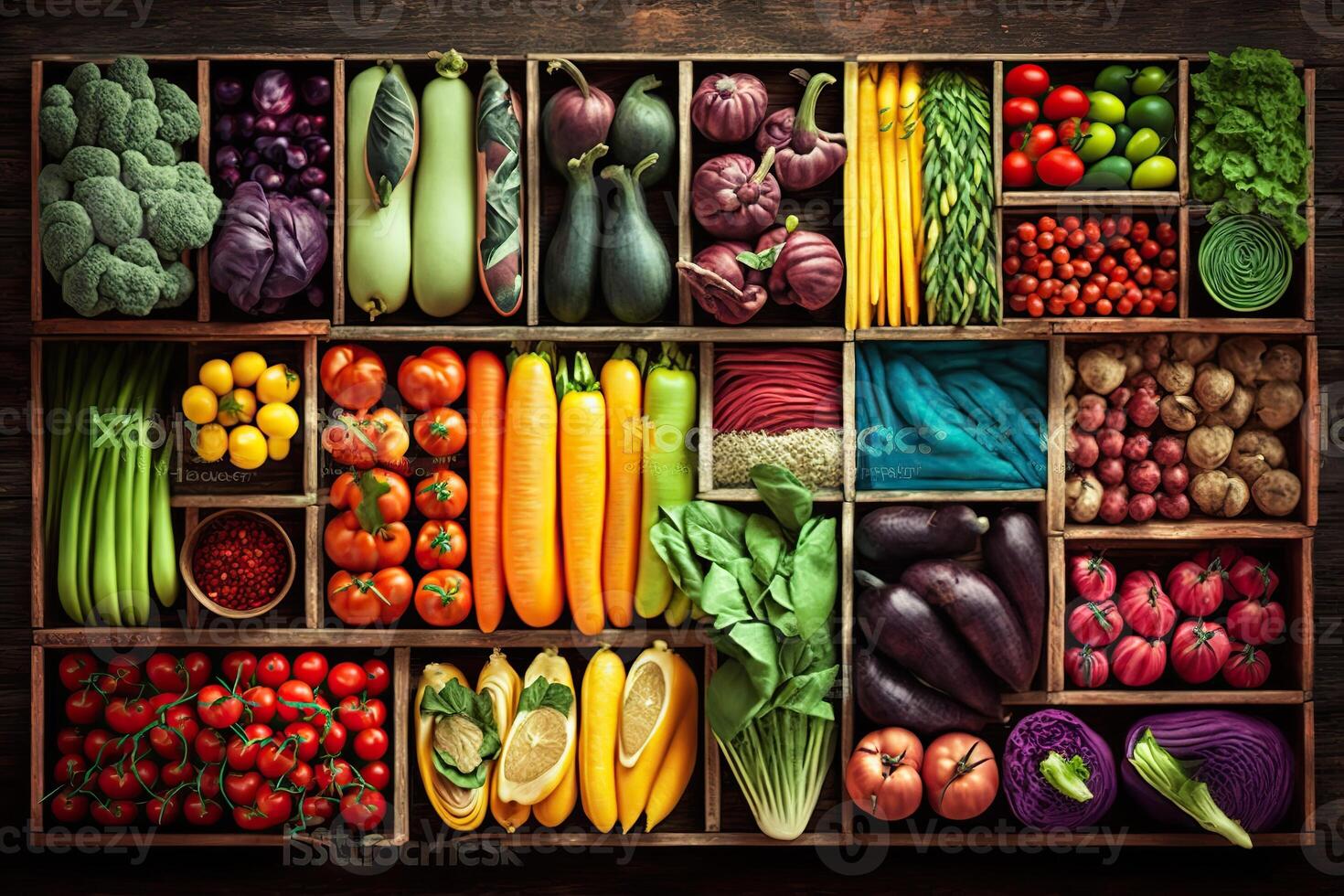 illustration of vegetable farmer market counter colorful various fresh organic healthy vegetables at grocery store. Healthy natural food concept photo