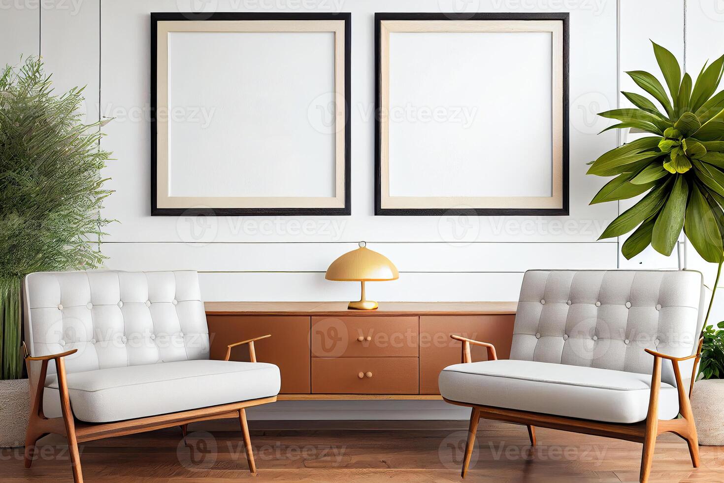 illustration of vertical blank picture frame mockup, frame on the wall, nature decoration, mid century living room. Mock up for an illustration. photo