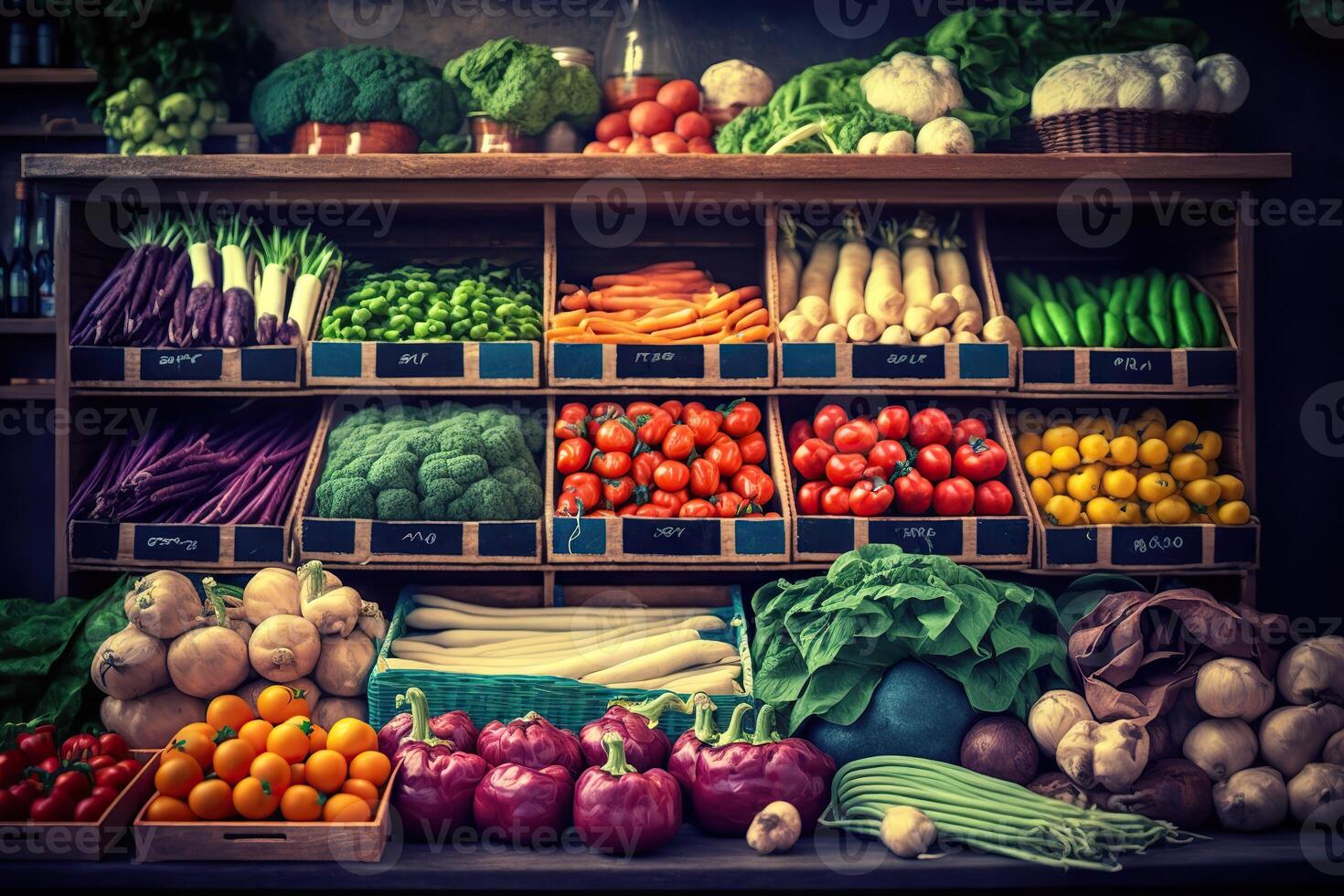 illustration of vegetable farmer market counter colorful various fresh organic healthy vegetables at grocery store. Healthy natural food concept photo