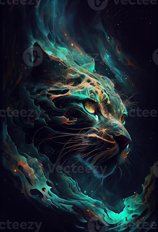 illustration of the celestial beast made of a magical malachite nebula, lurks in the dark, abstract hyper realism, surreal liquid oil and splattered ink photo