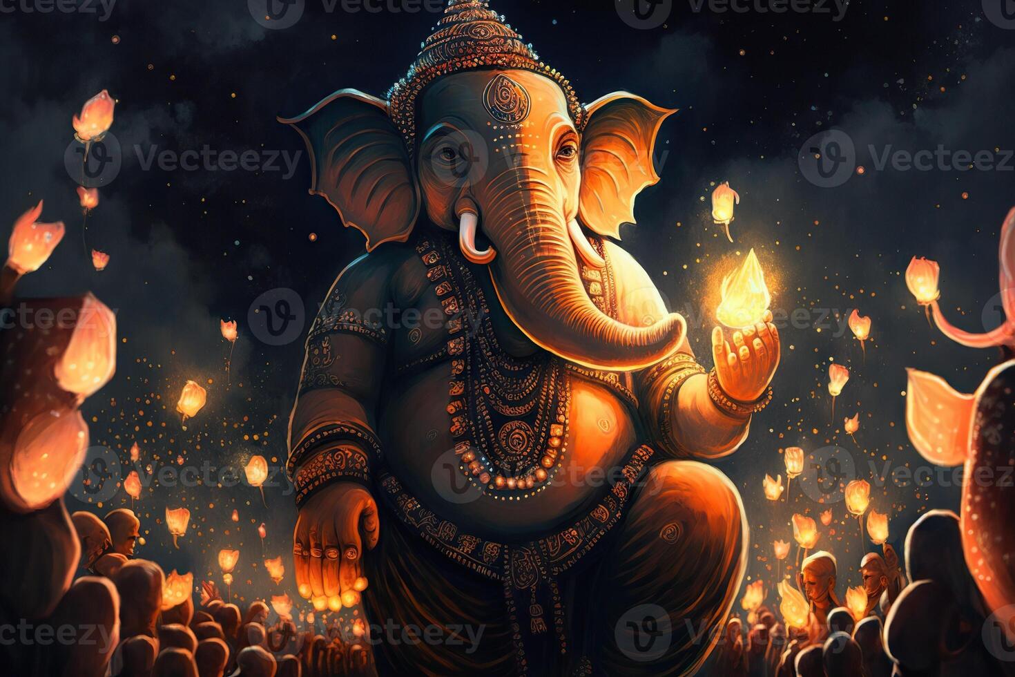 illustration of Ganesha Hindu God , with flowers, oil painting taken up into heaven, sitting in front of bokeh mandala background photo