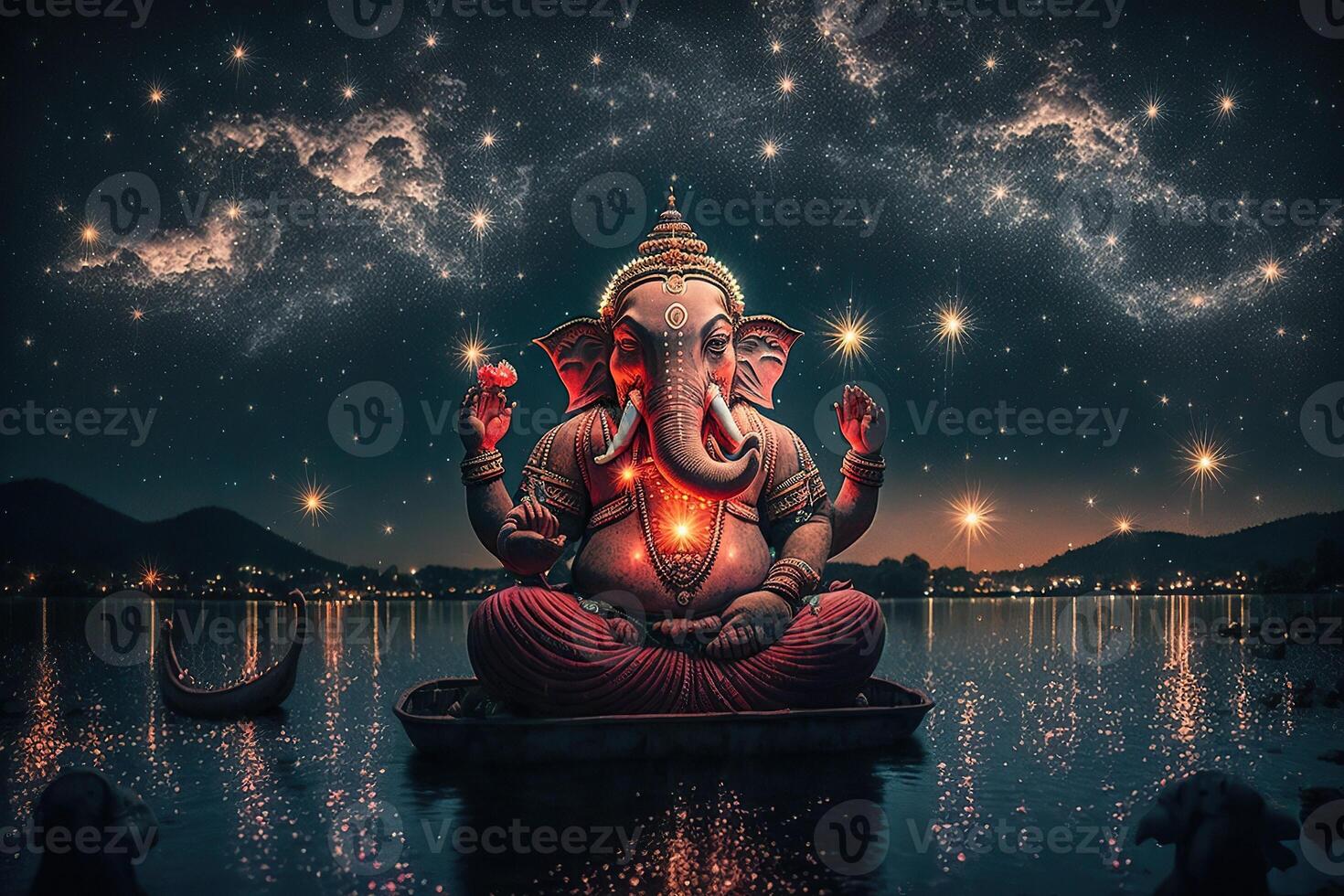 illustration of Ganesha Hindu God , with flowers, oil painting taken up into heaven, sitting in front of bokeh mandala background photo