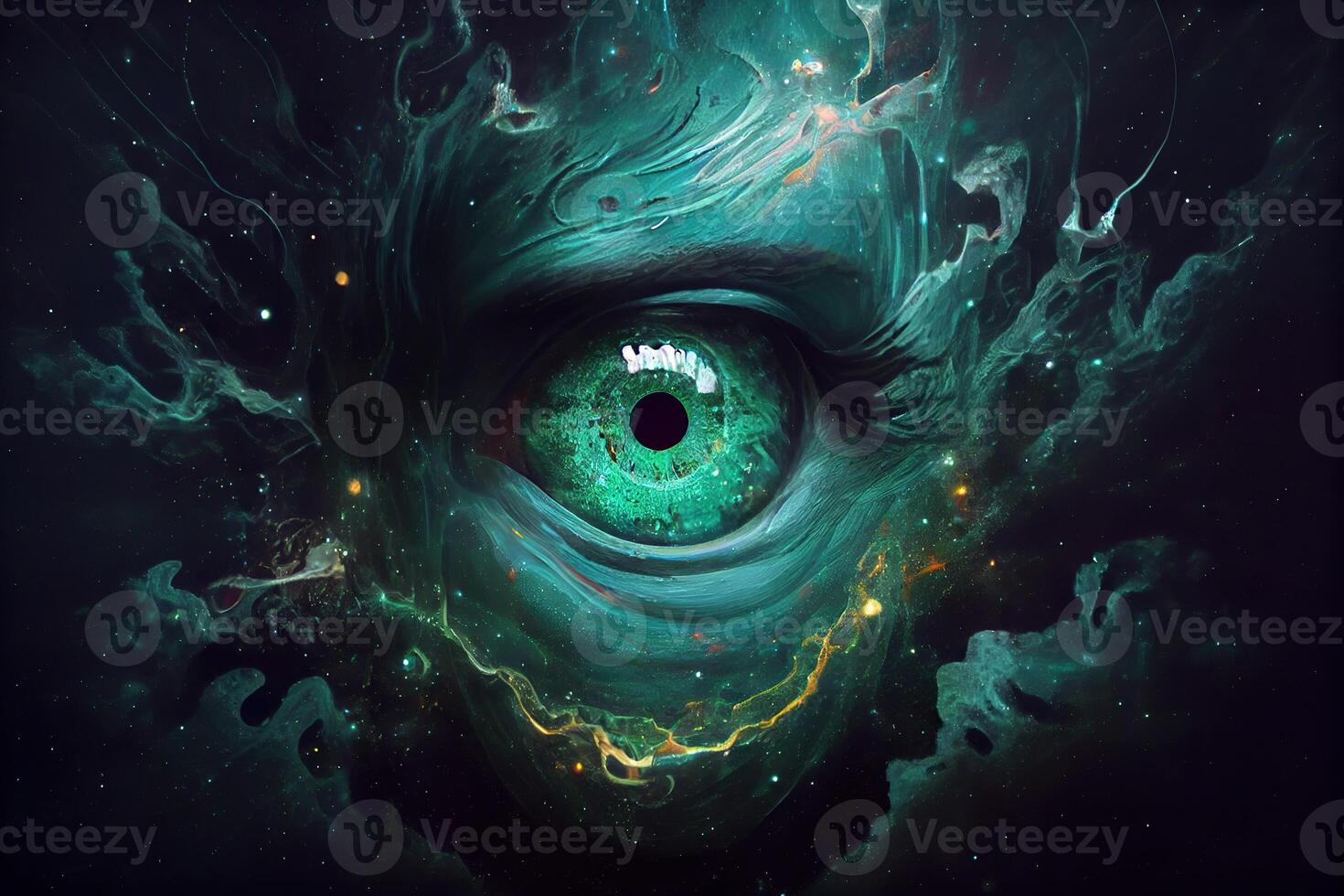 illustration of a cosmic being, each eye is a neutron star, his mouth is a black hole, and he gives off a malachite green aura photo