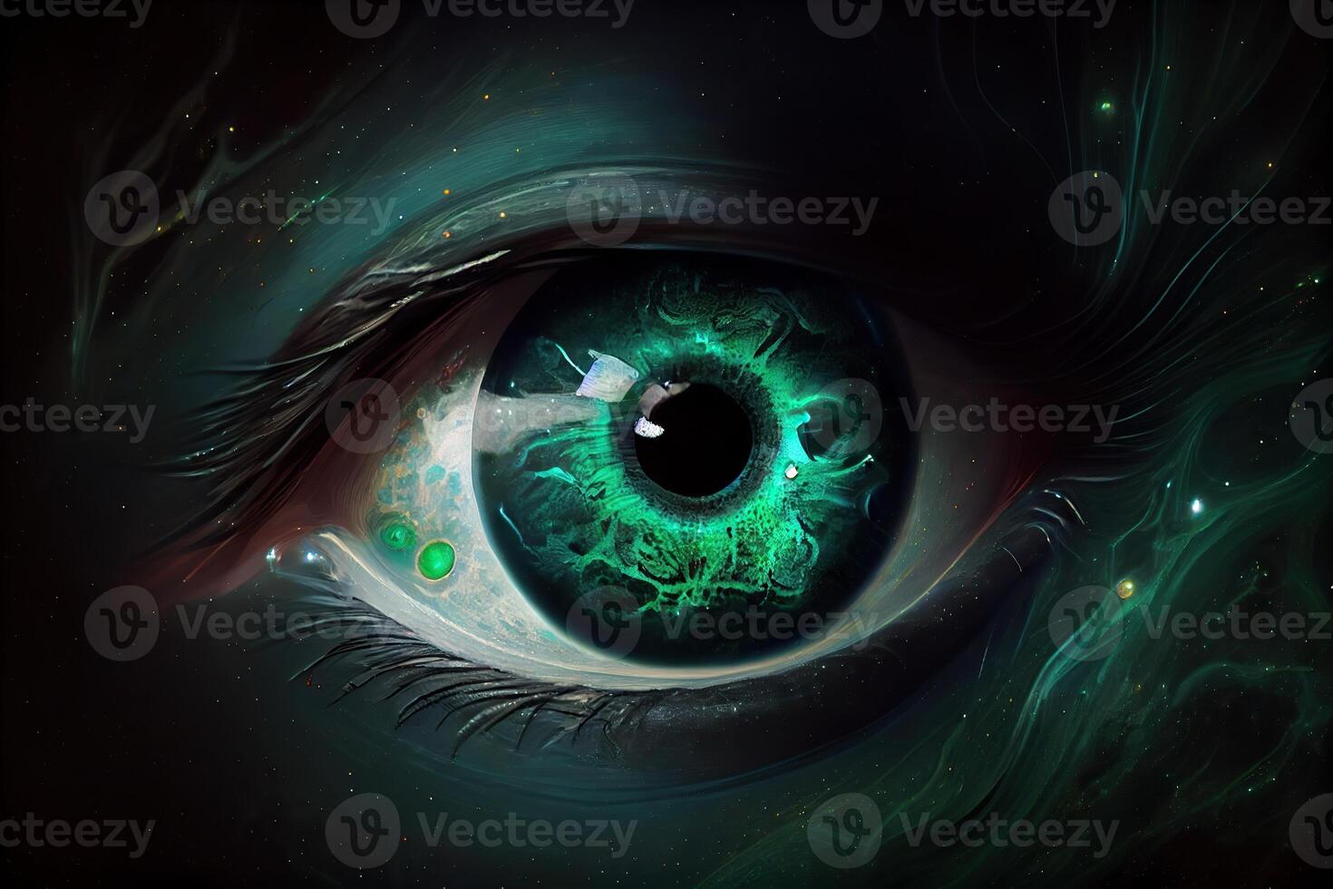 illustration of a cosmic being, each eye is a neutron star, his mouth is a black hole, and he gives off a malachite green aura photo