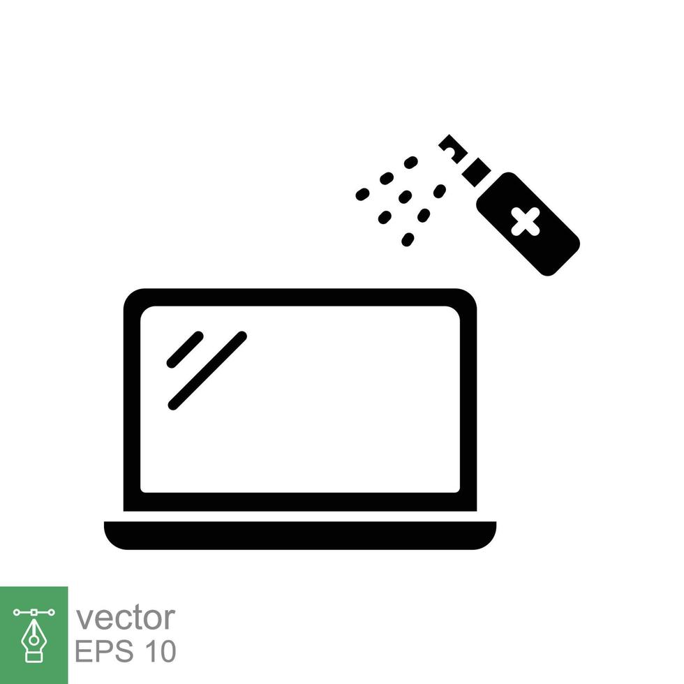 Disinfection, laptop spray flat icon. Simple solid style. Virus prevention sanitizer products concept. Black silhouette, glyph symbol. Vector illustration isolated on white background. EPS 10.