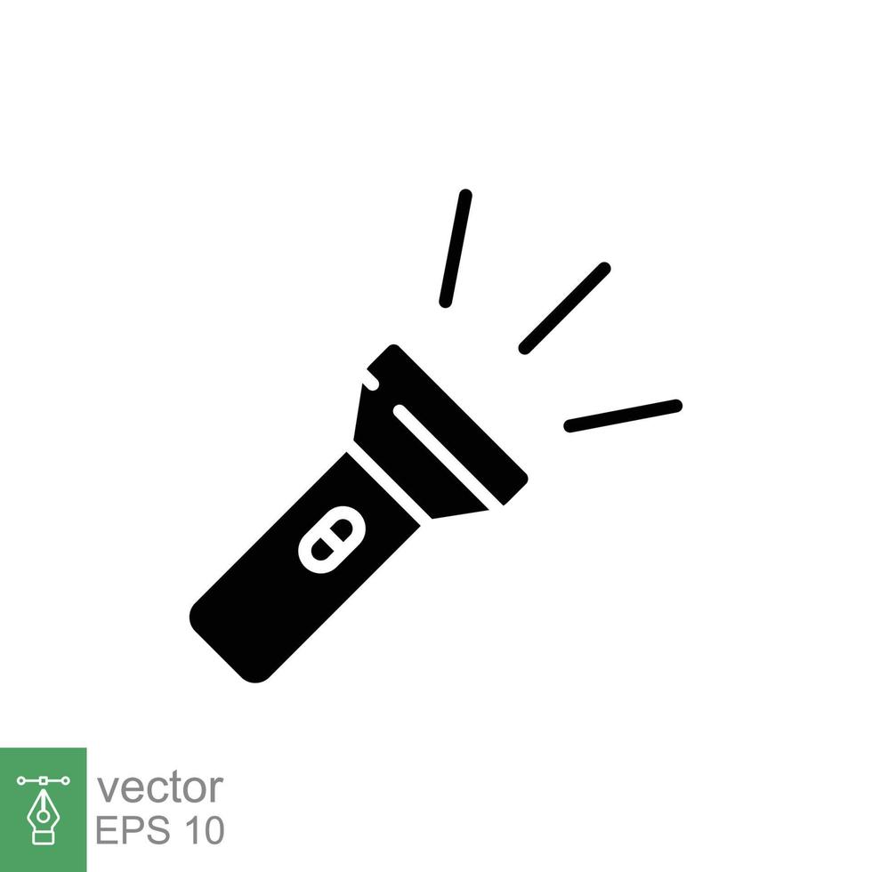 Flashlight flat icon. Simple solid style. Torch, light, battery, lamp, torchlight concept. Black silhouette, glyph symbol. Vector symbol illustration isolated on white background. EPS 10.