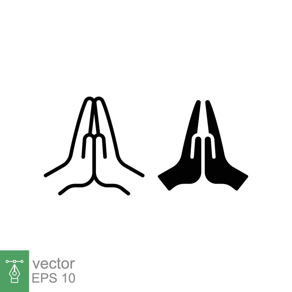 Faith, pray, religion icon, line and solid style. Depicting two hands pressed together and fingers pointed up, folded hands is variously used as a gesture of prayer. Outline and glyph. Vector EPS 10.