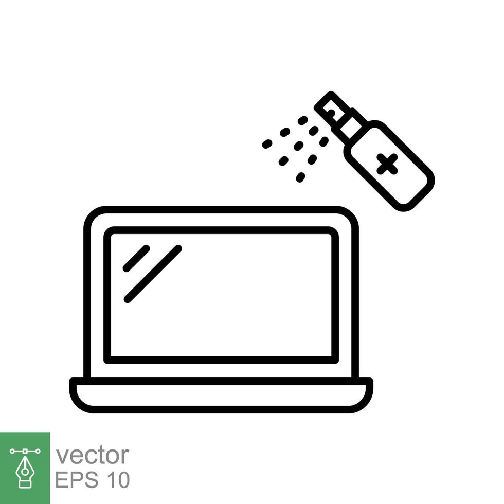 Disinfection, laptop spray flat icon. Simple outline style. Virus prevention sanitizer products concept. Thin line symbol. Vector illustration isolated on white background. EPS 10.