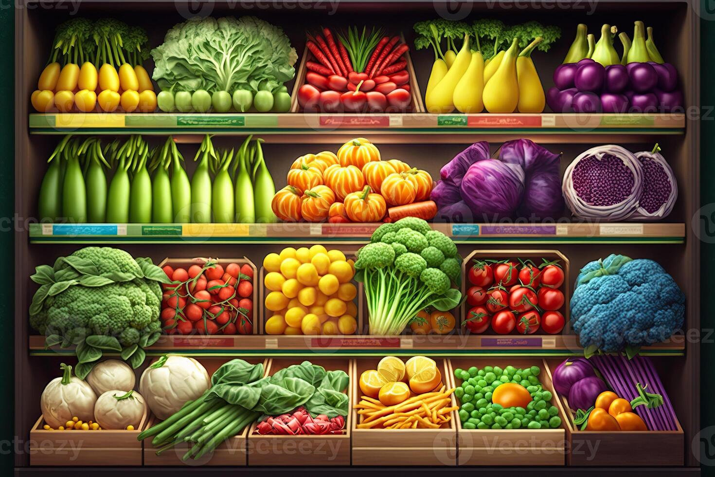 generativo ai ilustración de vegetal granjero mercado encimera, vistoso varios Fresco orgánico sano vegetales a tienda de comestibles almacenar. sano natural comida concepto foto