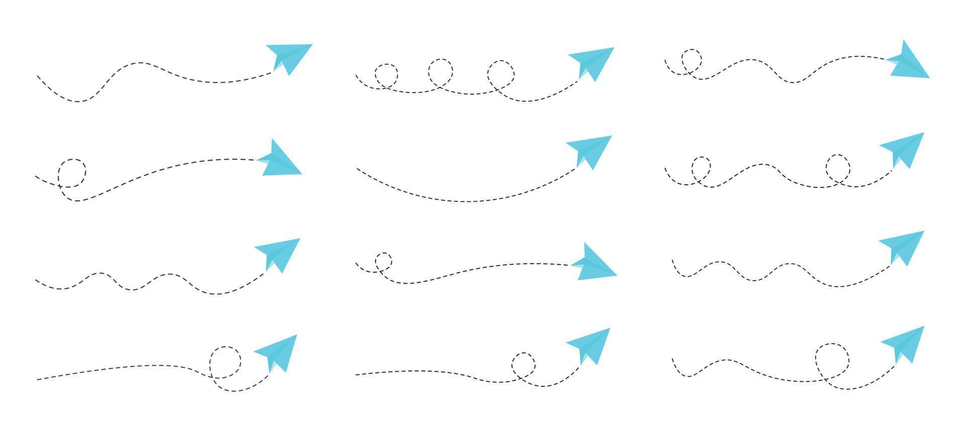 conjunto de ruta de avión de papel de línea discontinua vector