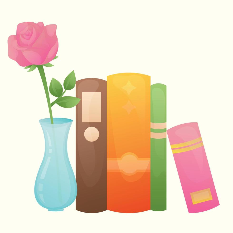 Four different bright multi-colored books in a line of different sizes on a shelf with a pink rose in a vase. Cute cartoon simple greeting square postcard for World Book Day with pink rose vector