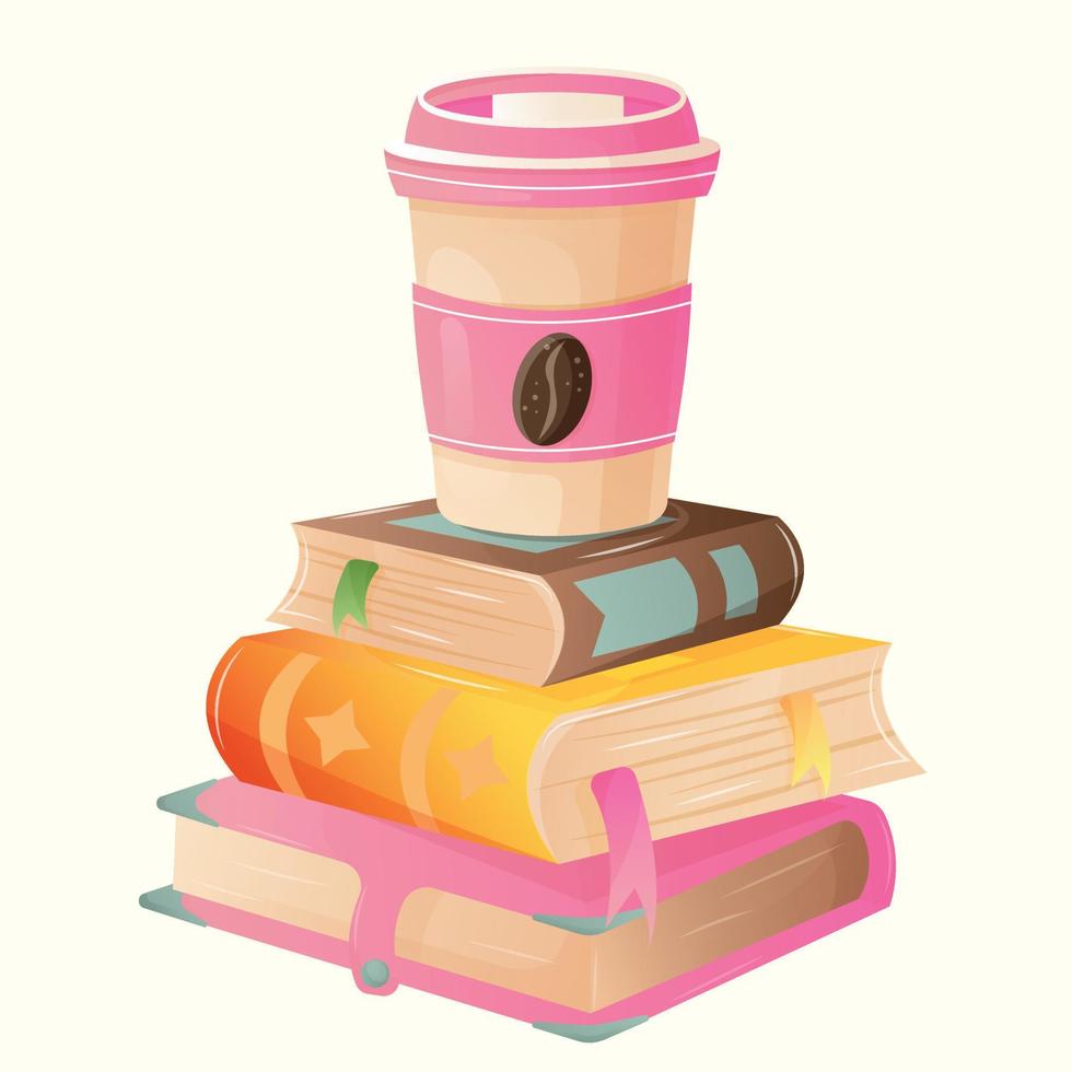 A stack of three cute cartoon multi-colored books without drawings and inscriptions with bookmarks and cute pink paper cup of coffee on top. Greeting square postcard for World Book Day without text vector