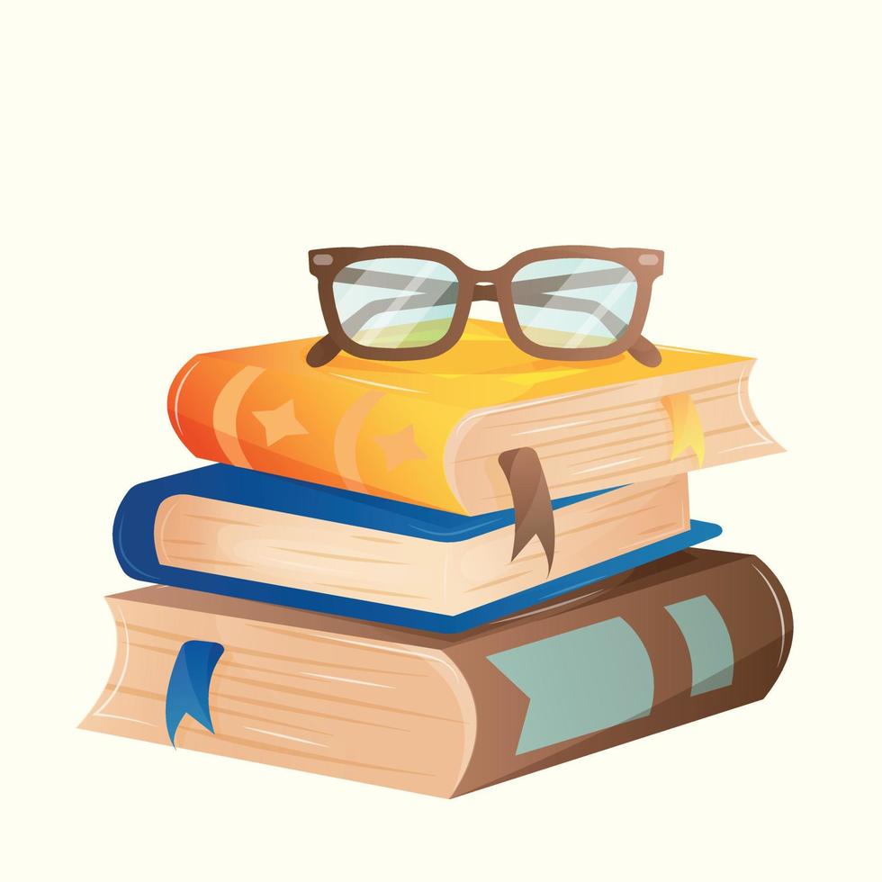 A stack of three cute cartoon multi-colored books without drawings and inscriptions with bookmarks and vintage brown glasses on top. Greeting square postcard for World Book Day without text vector