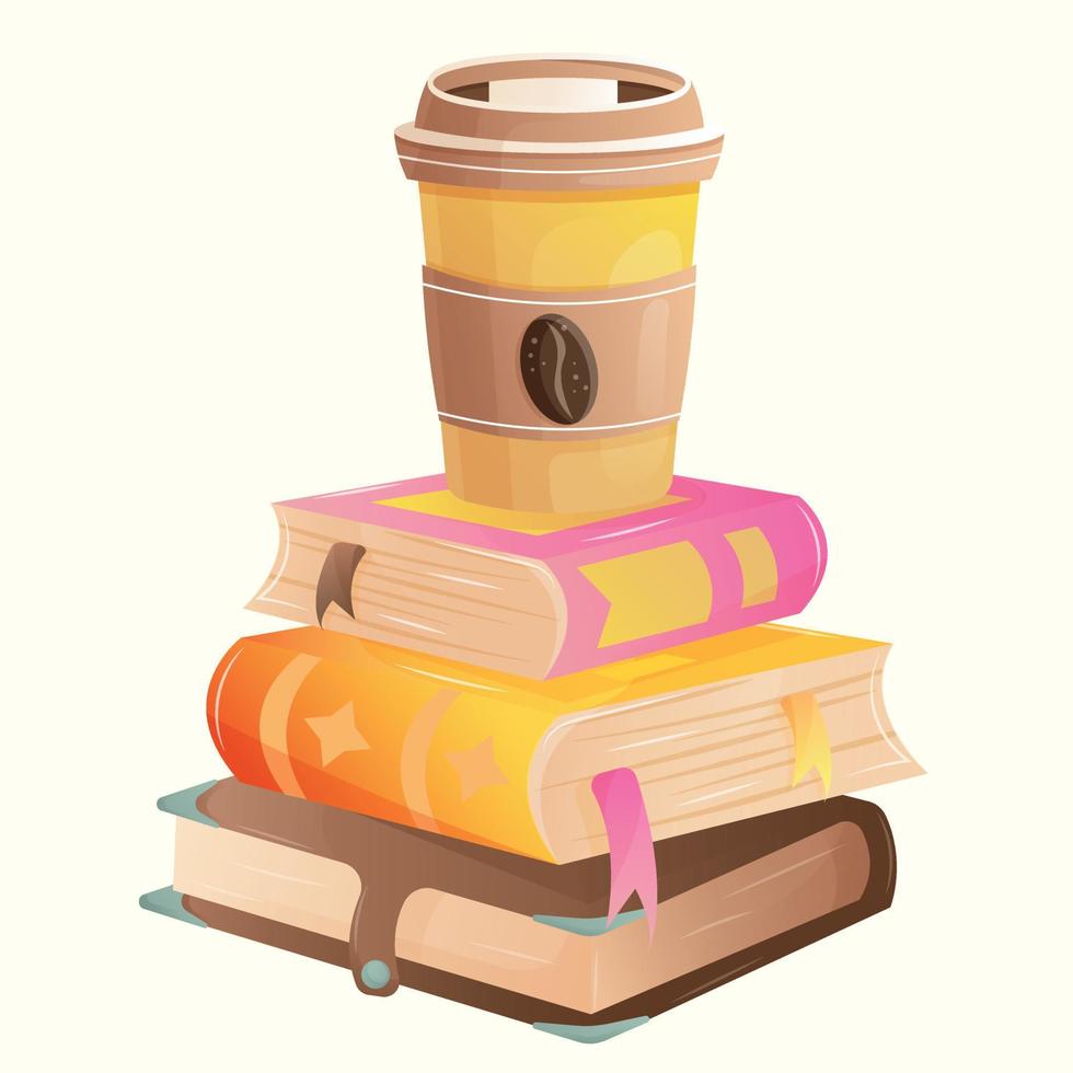 A stack of three cute cartoon multi-colored books without drawings and inscriptions with bookmarks and yellow paper cup of coffee on top. Greeting square postcard for World Book Day without text vector